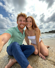 Fototapeta premium Smiling couple sitting together on a sandy beach with shallow water and cloudy sky, man in green shirt and blue jeans, woman in white bikini.
