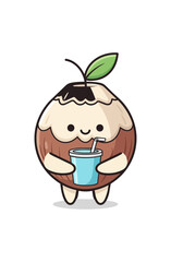 Fototapeta premium Cartoon coconut character holding drink isolated on black