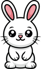 Obraz premium Adorable white cartoon bunny rabbit character, full body illustration, sitting cute and friendly, depicting innocence and joy, perfect for Easter holidays, children's books, and spring-themed designs,