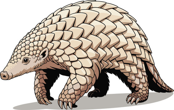 Artistic Illustration of a Solitary Pangolin Walking Confidently Across a Clean White Background, Showcasing Unique Scales and Textured Skin, Ideal for Wildlife Conservation, Education, Endangered Spe