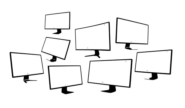 Modern computer monitor collection with multiple angles blank screen device vector illustration isolated on white