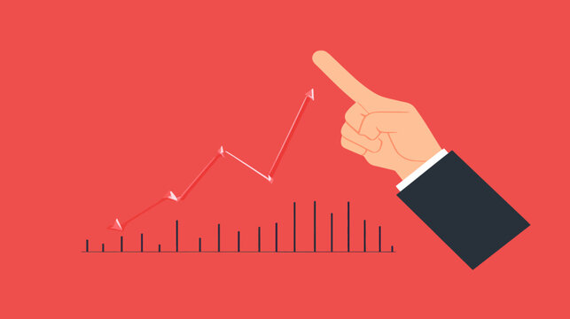A red background with a rising and falling line graph, a hand pointing, and vertical bars