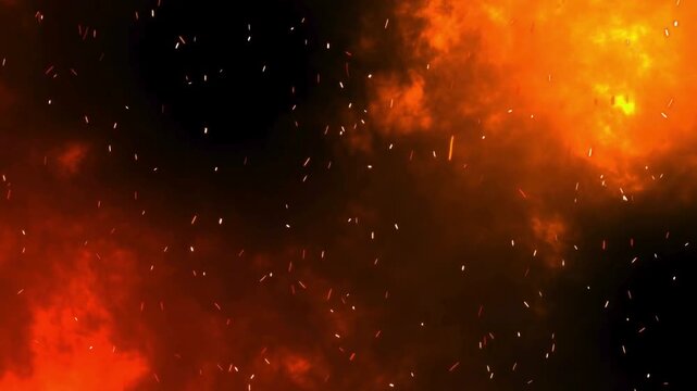 Slow motion close-up footage of intense orange and yellow fire explosion with flying embers and smoke