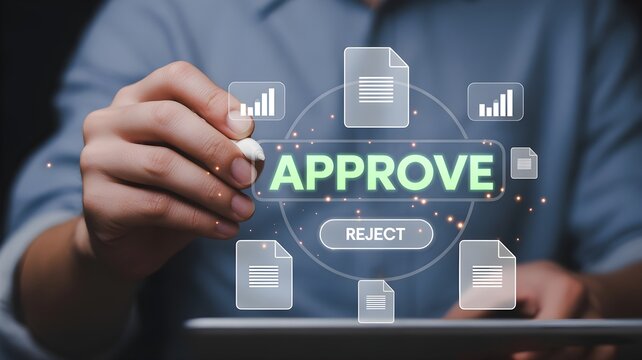 Businessman approves documents on digital interface with approve reject buttons on screen