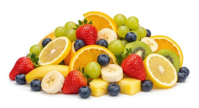 Fresh fruit salad assortment with sliced oranges, strawberries and grapes, colorful organic fruit mix for healthy breakfast and snacking isolated on White Background