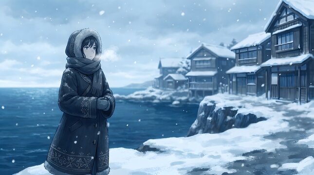 Young person bundled in warm winter clothes standing by the sea during a gentle snowfall.