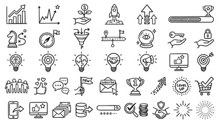Naklejka premium Premium Business and Marketing Outline Icon Set. Essential strategy, growth, and startup vector symbols for modern UI design and corporate presentations.