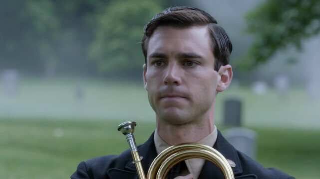 Solemn Soldier Holding Bugle at Military Funeral in Cemetery
