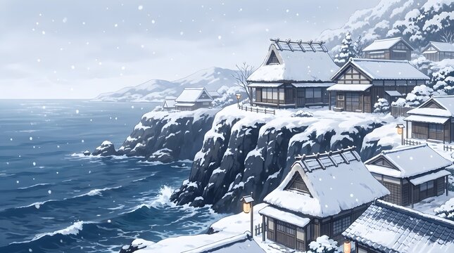 Serene snow-covered village nestled on a rocky coastline with crashing waves