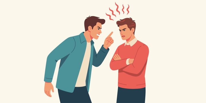 Angry Men arguing aggressively, pointing fingers in confrontation, demonstrating conflict, showing disagreement and stress, representing professional disputes, interpersonal tension, and difficult cli