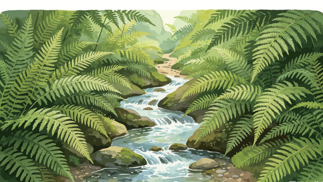 Watercolor Painting of a Lush Forest Mountain Stream, Dense Fern Frames Framing a Flowing Creek Over Mossy Rocks, Tranquil Wilderness Landscape