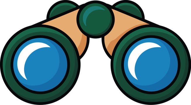 Illustrated cartoon binoculars with bright blue lenses and green and tan bodies, depicted against a crisp white background, symbolizing discovery, exploration, and observation on an adventure or in pu