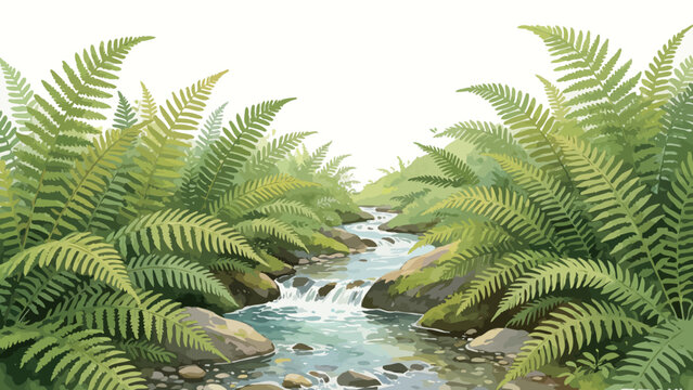 Watercolor Painting of a Sunlit Forest Stream Framed by Lush Green Ferns, With Clear Flowing Water Over Mossy River Rocks