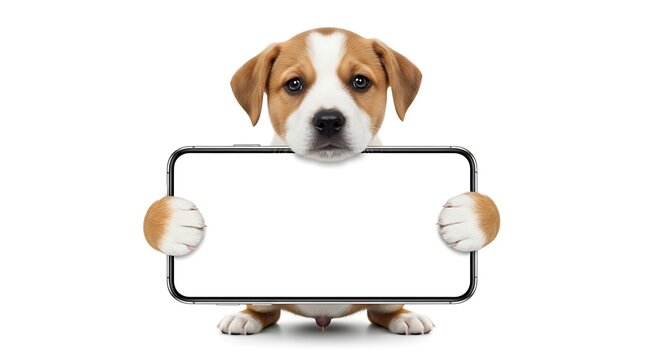A cute Jack Russell Terrier puppy holds a smartphone with a blank screen, looking directly at the camera with an innocent expression.