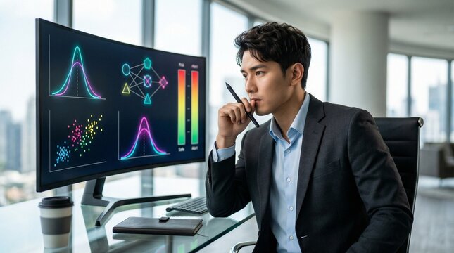 Analytical Handsome Thai-Korean Male AI Actuary Reviewing Text-Free Abstract Risk Distribution Curves and Scatter Plots in Modern FinTech Office