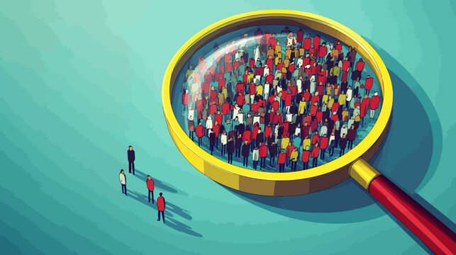 A large magnifying glass focuses on a crowd of people against a blue-green background