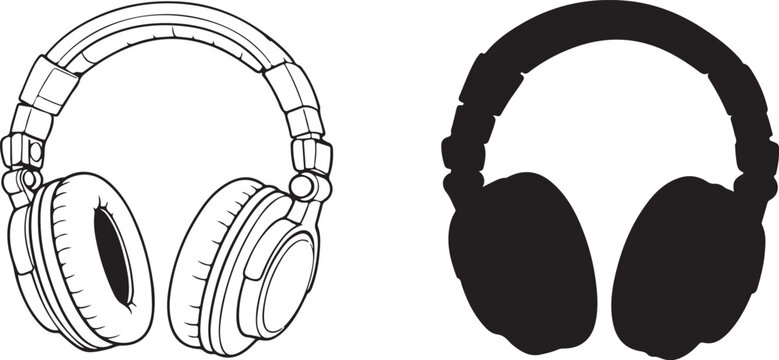: A contrasting pair of over ear headphones is depicted in line art and solid black silhouette
