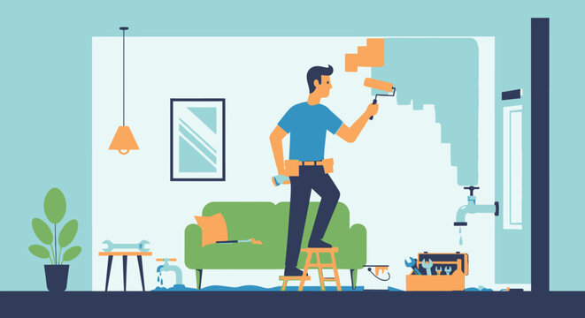 Man painting interior wall with paint roller vector illustration