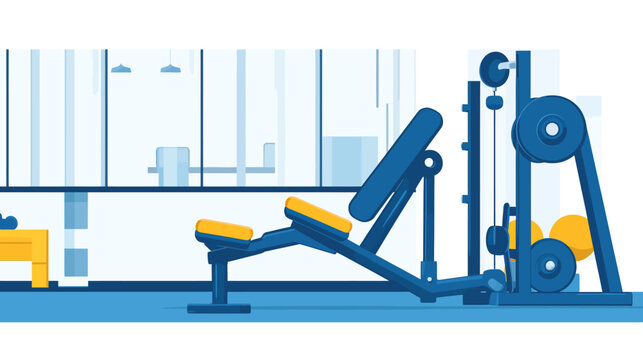 Modern gym interior with exercise equipment in blue and yellow hues. Illustration of fitness space