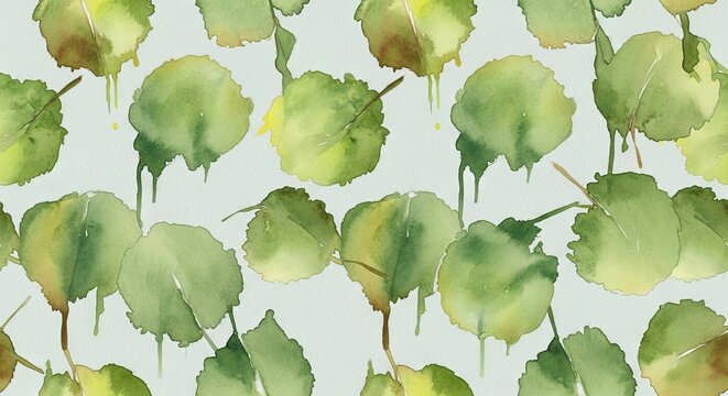 Repeating natural pattern featuring lush green organic leaf shapes created with artistic paint washes to provide a serene and botanical texture for creative textiles or seasonal home decor
