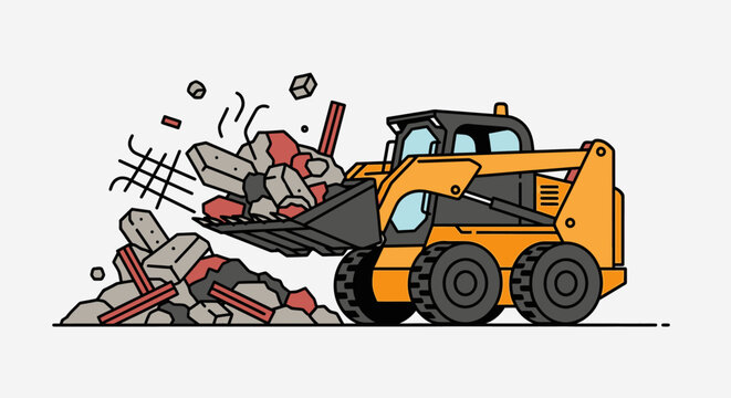 Skid steer loader excavating debris construction demolition industrial vector