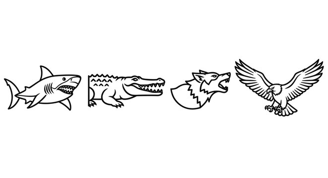 Line art illustrations of shark crocodile wolf and eagle isolated