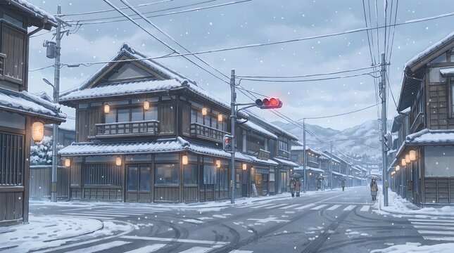 Tranquil snow falls on a quiet street lined with traditional Japanese buildings.