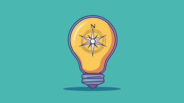 A brightly colored graphic showing an electric light bulb with a compass rose