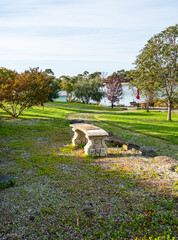 Obraz premium A stone bench sits along the lakeside path, framed by a min of green trees and vibrant red maples.