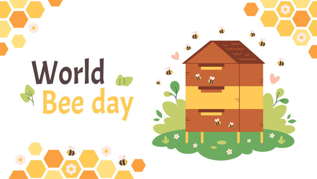 World bee day greeting card. Perfect for banners, posters, organic products branding and educational materials. Flat vector illustration