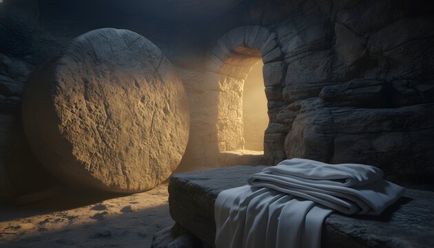 Jesus resurrection concept of the empty tomb with the rolled away stone and folded white burial linens illuminated by divine golden light for easter faith and hope