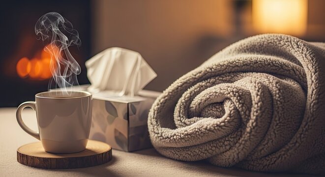 Warm beverage cup with rising steam next to a soft cozy blanket and tissues for relaxing indoors during the cold winter season while resting comfortably beside a glowing fireplace at home tonight