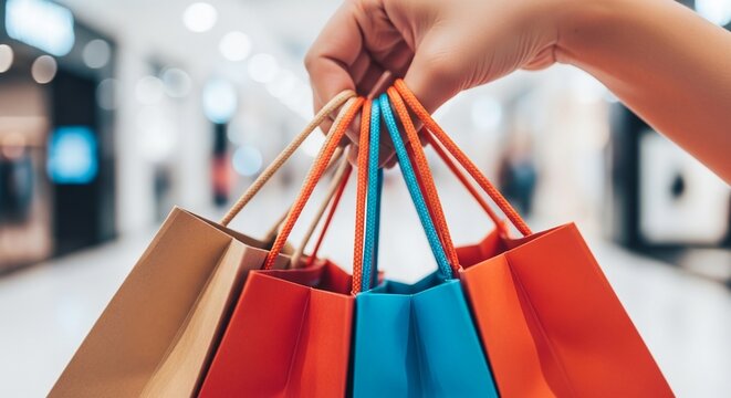 Customer holding a variety of shopping bags filled with purchases in a brightly lit retail store environment