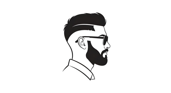 man head profile outline, stylish beard, modern haircut, sunglasses, portrait, black and white illustration