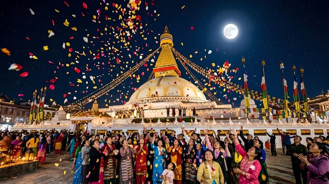 4K Vesak Celebration in Kathmandu Thousands Gather at Boudhanath Stupa for Lunar Festival with Floating Petals and Full Moon