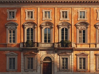 Obraz premium Stunning renaissance building facade with clock under warm sunlight showcasing high detail
