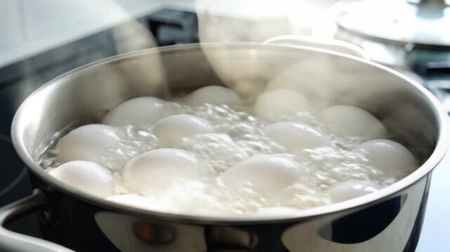 Closeup of many white eggs boiling in a pot of water.