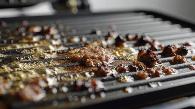 Closeup of a dirty grill with leftover food debris.