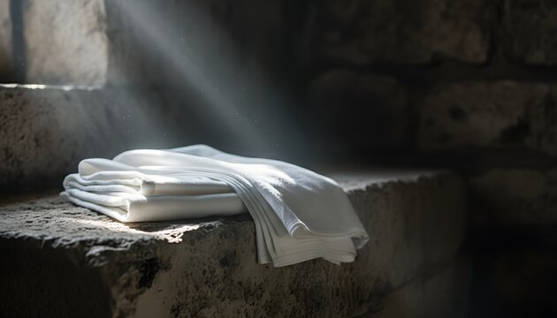 Linen burial cloths left behind in an ancient stone tomb illuminated by a divine beam of light for a holy Jesus resurrection concept of eternal life