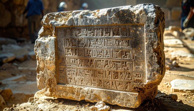 Ancient stone tablet deeply etched with cuneiform symbols, a relic of forgotten civilizations