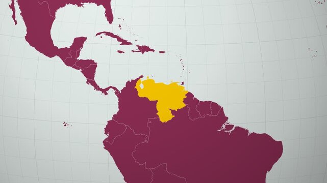 Venezuela map. Animated zoom into the country on the Globe in Pale Mint Dark Pink color palette. Country logo animation with round text and airplanes. Map with meridians, parallels. Charming video.