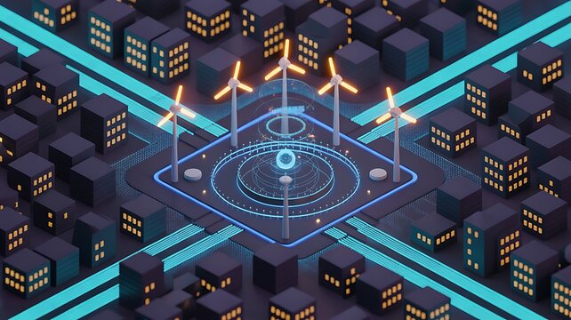 Urban energy hub with futuristic wind turbines and grid network