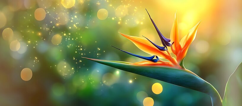 Strelitzia reginae flower in sunlight with bokeh background