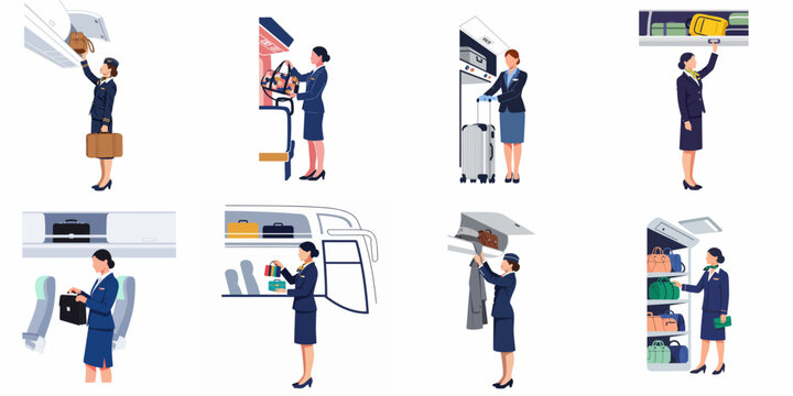 Set of flat vector illustrations of professional flight attendants in uniform managing passenger luggage and overhead compartments on an airplane.