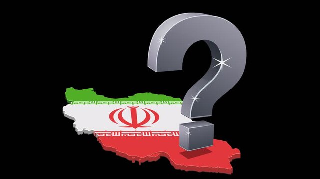 A metallic question mark floating over the map of Iran, representing diplomatic doubt and regional uncertainty. Chroma key green screen with alpha channel. (loopable)
