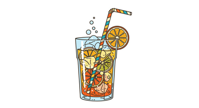Refreshing summer beverage with fruit and ice cubes illustration on white backdrop