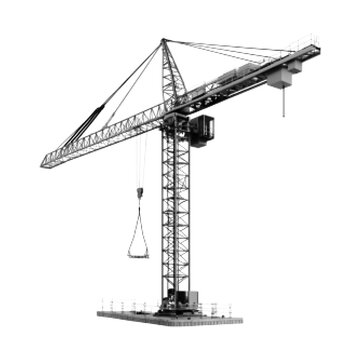 Black and white halftone illustration of tower crane, construction lifting equipment with hook and jib isolated on white background.