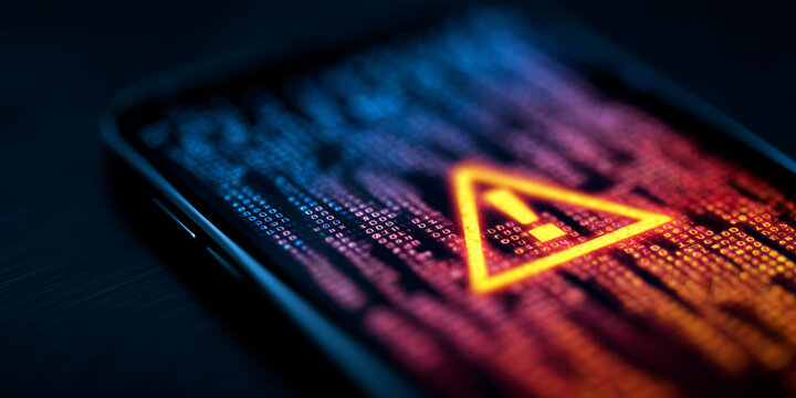 A smartphone showing a warning alert over digital code, representing mobile security risk, cyber threats and unsafe data exposure