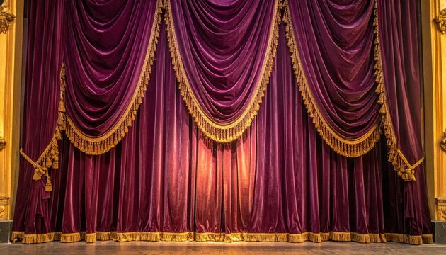 Elegant Deep Plum Velvet Stage Curtains with Lavish Gold Fringe and Tassels, Gracing a Grand Theater Setting with Opulent Detail
