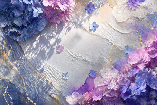 Luxury Hydrangea Floral Frame with White Textured Background and Gold Accent Details